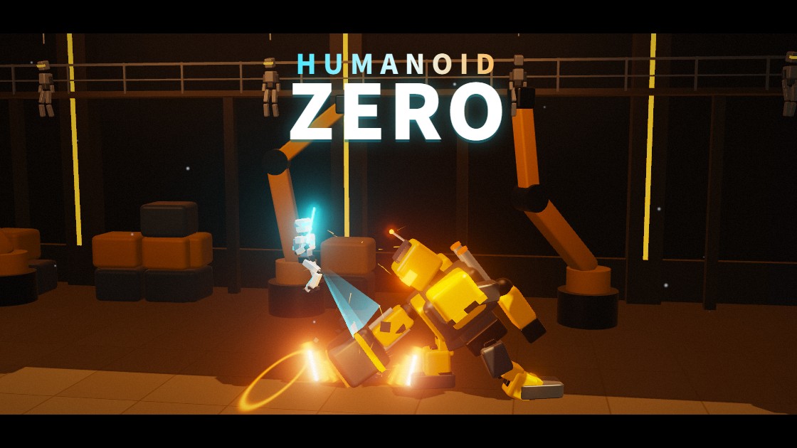 HUMANOID ZEROのゲーム画面。救助用ヒューマノイドR-0と兵器ヒューマノイドの戦い