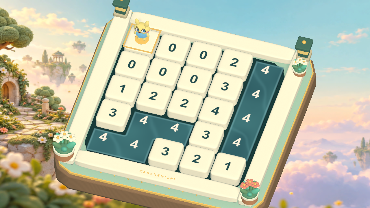花と青空に囲まれた池ステージのゲーム画面