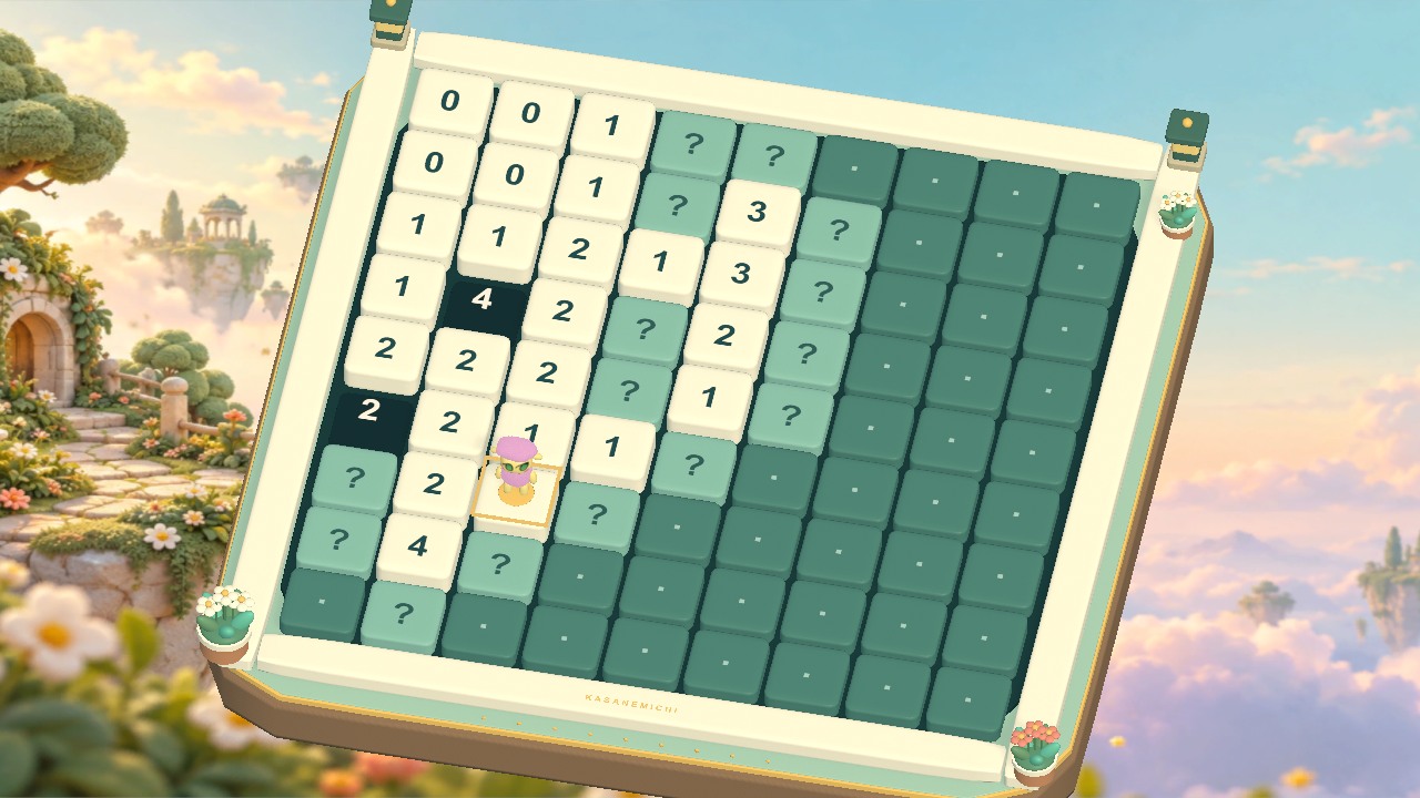 キャラクターがパズル盤を進むゲーム画面